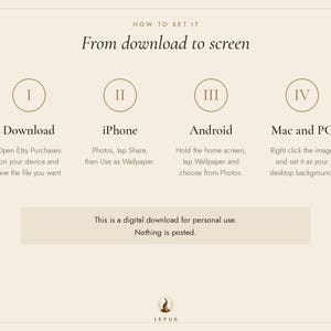 May include: An instructional graphic titled How to set it: From download to screen. It lists four steps for downloading and setting digital files on iPhone, Android, Mac, and PC, with a note stating this is a digital download for personal use.