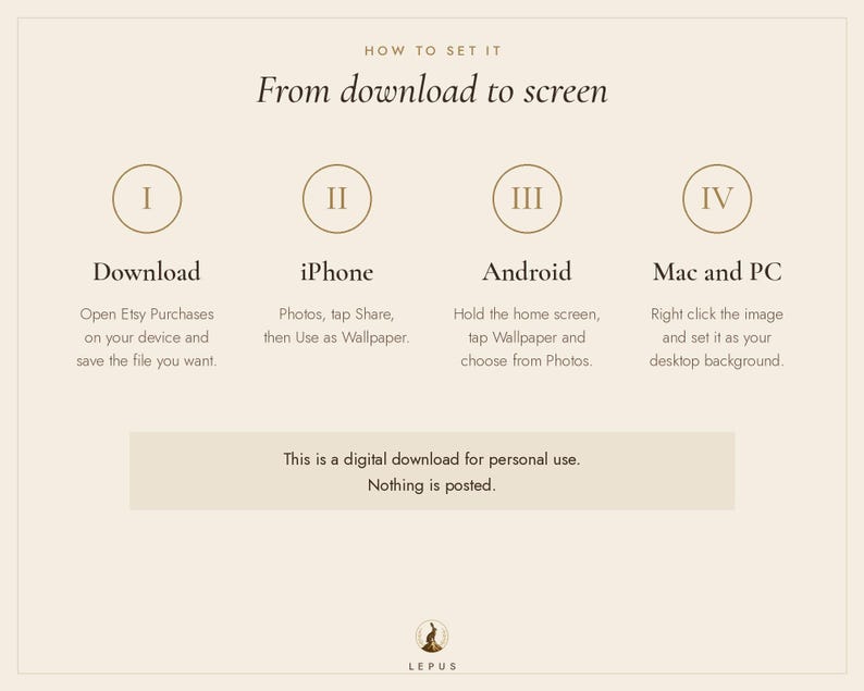 May include: An instructional graphic titled How to set it: From download to screen. It lists four steps for downloading and setting digital files on iPhone, Android, Mac, and PC, with a note stating this is a digital download for personal use.