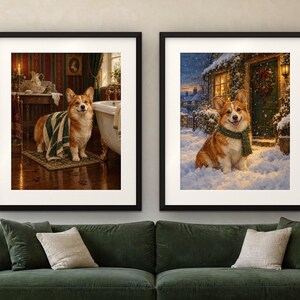Corgi Gift Set of 2 Prints, Bathroom and Christmas Oil Paintings (Digital Download) image 4
