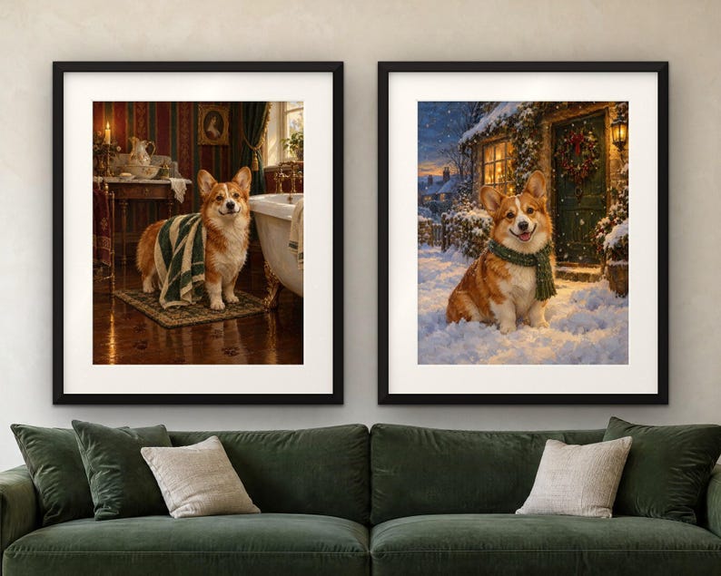 Corgi Gift Set of 2 Prints, Bathroom and Christmas Oil Paintings (Digital Download) image 4