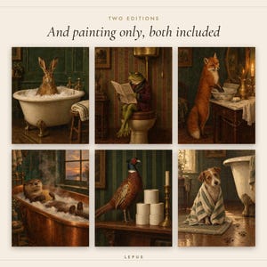 Funny Bathroom Wall Art Set of 6 | Vintage Animal Oil Painting Prints | Powder Room Decor | Bathroom Gallery Wall | Digital Download image 4