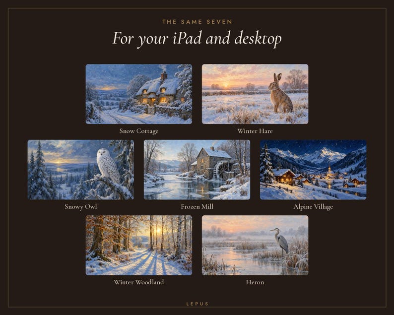 May include: A digital collection titled The Same Seven For your iPad and desktop by Lepus, featuring seven winter-themed landscape illustrations: Snow Cottage, Winter Hare, Snowy Owl, Frozen Mill, Alpine Village, Winter Woodland, and Heron.