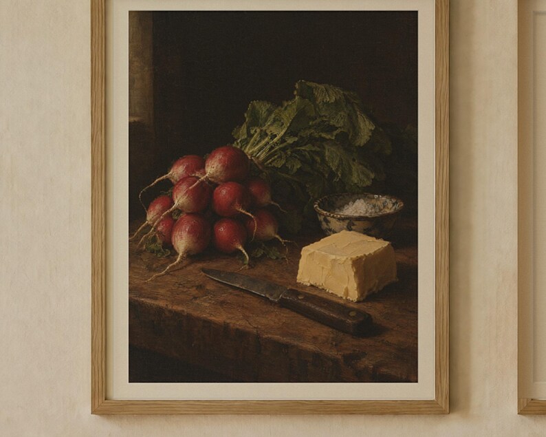 Radishes and Butter Kitchen Print Set of 2 | Still Life Oil Painting and Kitchen Quote | Cottage Kitchen Art | Digital Download image 2