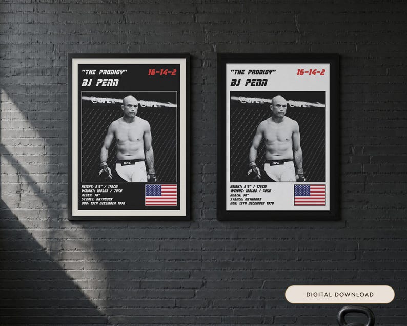 Póster de BJ Penn MMA / Lámina decorativa para gimnasio / Ediciones en blanco y negro / Descarga digital imagen 1