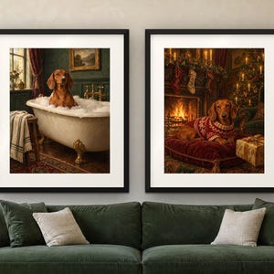 Dachshund Gift Set of 2 Prints, Bathroom and Christmas Oil Paintings (Digital Download) image 4