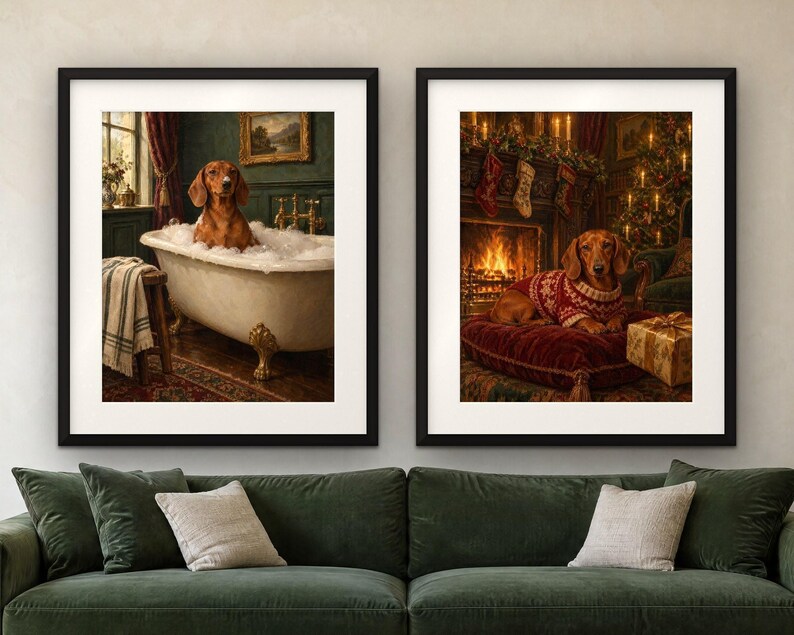 Dachshund Gift Set of 2 Prints, Bathroom and Christmas Oil Paintings (Digital Download) image 4