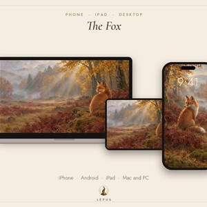 May include: A digital wallpaper set titled The Fox, displayed on a laptop, tablet, and smartphone. The screens feature a forest landscape with a fox sitting in autumn foliage, sunbeams, and trees. Text includes Phone, Ipad, Desktop, 9:41, Iphone, Android, Ipad, Mac and PC, and Lepus.