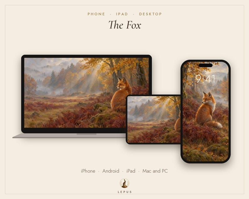 May include: A digital wallpaper set titled The Fox, displayed on a laptop, tablet, and smartphone. The screens feature a forest landscape with a fox sitting in autumn foliage, sunbeams, and trees. Text includes Phone, Ipad, Desktop, 9:41, Iphone, Android, Ipad, Mac and PC, and Lepus.