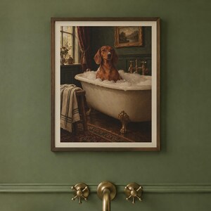 Dachshund Bathroom Wall Art, Funny Vintage Oil Painting Print, Sausage Dog Gift (Digital Download) image 2