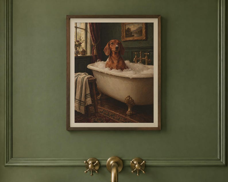 Dachshund Bathroom Wall Art, Funny Vintage Oil Painting Print, Sausage Dog Gift (Digital Download) image 2