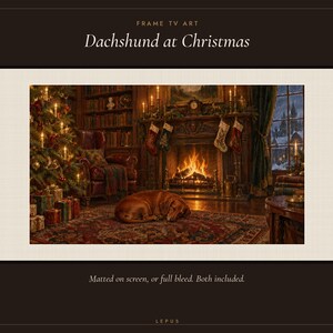 May include: Digital art for a frame TV titled Dachshund at Christmas. The image depicts a brown dachshund sleeping on a rug in front of a fireplace with stockings, a decorated Christmas tree, and gifts in a library setting.
