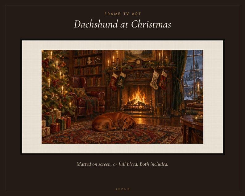 May include: Digital art for a frame TV titled Dachshund at Christmas. The image depicts a brown dachshund sleeping on a rug in front of a fireplace with stockings, a decorated Christmas tree, and gifts in a library setting.
