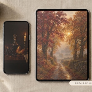 Autumn Wallpaper Bundle, 7 Oil Paintings | Fall iPhone, iPad and Desktop Wallpaper Set | Cozy Dark Academia Aesthetic | Digital Download