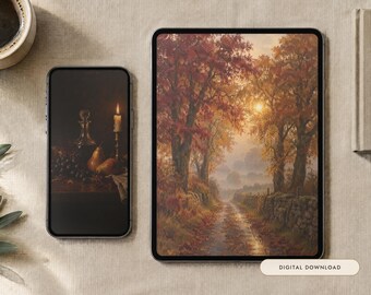 May include: A smartphone and a tablet displaying digital art. The phone shows a still life with a candle and fruit. The tablet displays an autumn landscape with trees, a stone wall, and a path. A label reads Digital Download.