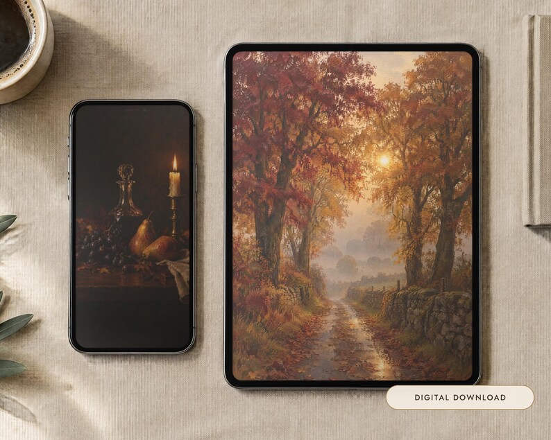 Autumn Wallpaper Bundle, 7 Oil Paintings | Fall iPhone, iPad and Desktop Wallpaper Set | Cozy Dark Academia Aesthetic | Digital Download image 1