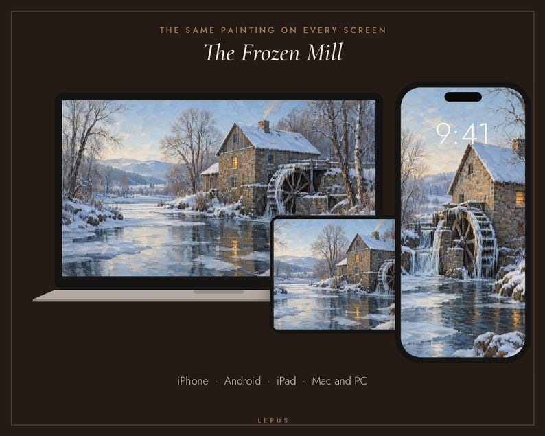May include: A digital display set featuring a laptop, tablet, and smartphone, each showing a winter landscape painting titled The Frozen Mill. The artwork depicts a stone mill with a waterwheel beside a frozen river, snow-covered trees, and mountains.