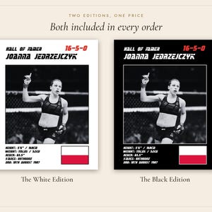 May include: Two posters featuring Joanna Jedrzejczyk in a black and white photograph. Text includes Hall of Famer, 16-5-0, height 5'6", weight 115 lbs, reach 65.5", stance orthodox, and DOB 18th August 1987. One poster has a white background, one black.