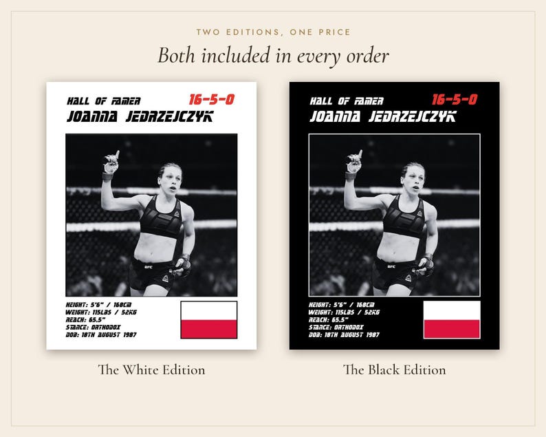 May include: Two posters featuring Joanna Jedrzejczyk in a black and white photograph. Text includes Hall of Famer, 16-5-0, height 5'6", weight 115 lbs, reach 65.5", stance orthodox, and DOB 18th August 1987. One poster has a white background, one black.