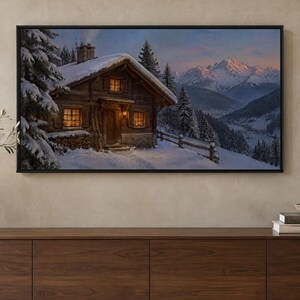 May include: A framed landscape painting depicting a rustic wooden cabin covered in snow during twilight. The cabin features glowing windows, a chimney, and a stack of firewood. Snow-covered pine trees and distant mountains are visible.