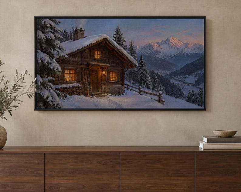 May include: A framed landscape painting depicting a rustic wooden cabin covered in snow during twilight. The cabin features glowing windows, a chimney, and a stack of firewood. Snow-covered pine trees and distant mountains are visible.