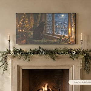 Frame TV Art: Black Cat at Christmas, Vintage Oil Painting (Digital Download) image 1