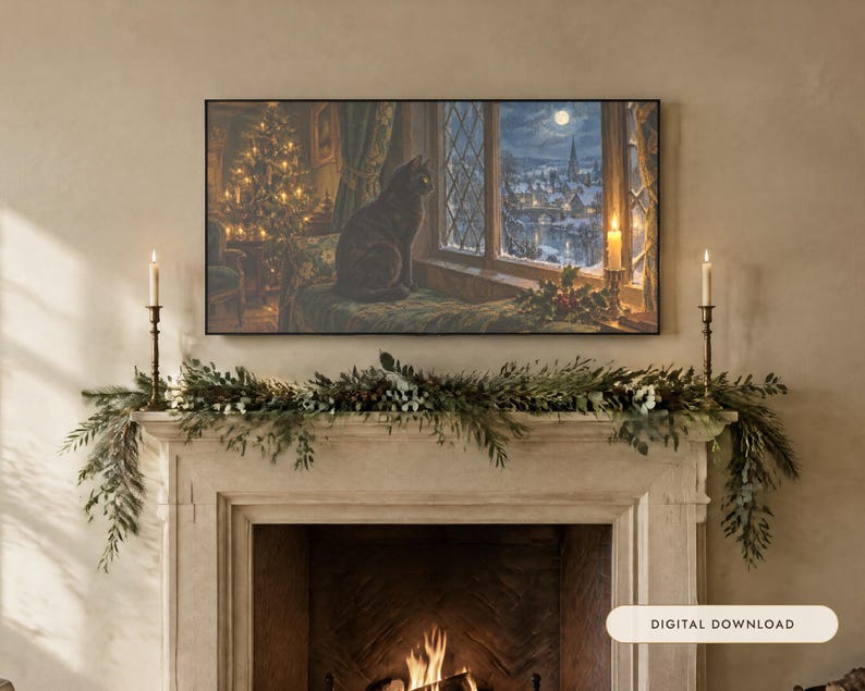 Frame TV Art: Black Cat at Christmas, Vintage Oil Painting (Digital Download) image 1