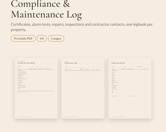 Landlord Compliance Log Printable | Gas Safety, EICR and EPC Certificate Tracker, Maintenance Log, Property Inspection Form | UK