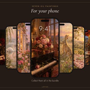 May include: A digital display of seven smartphone screens arranged in a fan shape, each showing a different oil painting wallpaper. The text reads SEVEN OIL PAINTINGS For your phone, 9:41, and Collect them all in the bundle LEPUS.