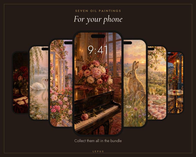 May include: A digital display of seven smartphone screens arranged in a fan shape, each showing a different oil painting wallpaper. The text reads SEVEN OIL PAINTINGS For your phone, 9:41, and Collect them all in the bundle LEPUS.