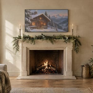 May include: A rectangular television screen mounted above a stone fireplace displays a winter landscape painting of a wooden cabin in the snow. The fireplace mantel is decorated with green pine garland and two tall, thin metal candle holders.