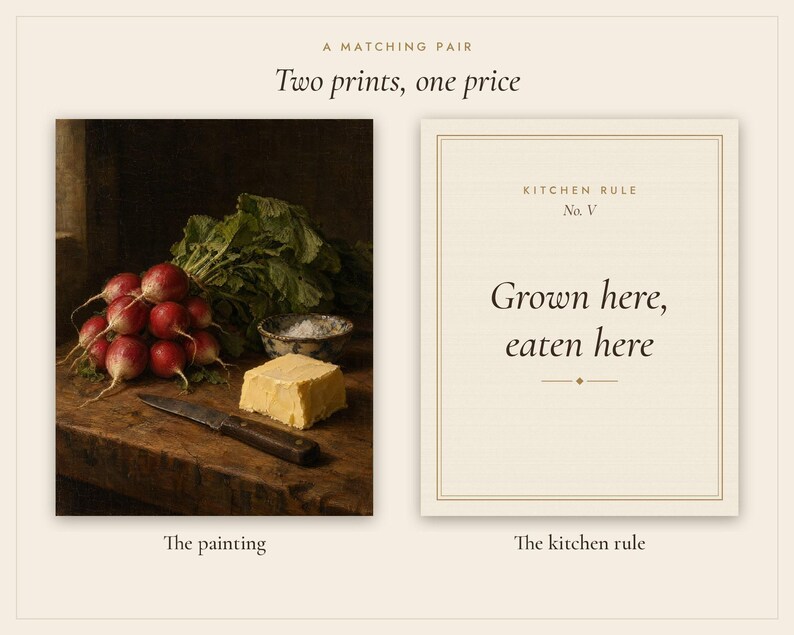 Radishes and Butter Kitchen Print Set of 2 | Still Life Oil Painting and Kitchen Quote | Cottage Kitchen Art | Digital Download image 3