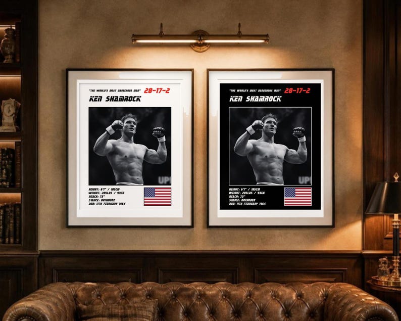 May include: Two framed posters featuring Ken Shamrock in a black and white photograph with arms raised. Text includes "The World's Most Dangerous Man", "28-17-2", "Ken Shamrock", stats like "Height: 6'1" / 185cm", "Weight: 205lbs / 93kg", "Reach: 73"", "Stance: Orthodox", "DOB: 11th February 1964", and a US flag.