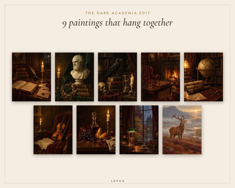 Dark Academia Gallery Wall Set of 9 | Moody Vintage Oil Painting Prints | Library Wall Art Bundle | Printable Digital Download image 3