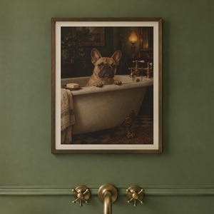 French Bulldog Bathroom Wall Art, Funny Dog Oil Painting Print (Digital Download) image 2