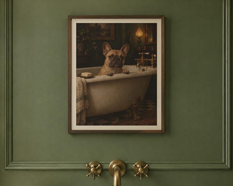 French Bulldog Bathroom Wall Art, Funny Dog Oil Painting Print (Digital Download) image 2