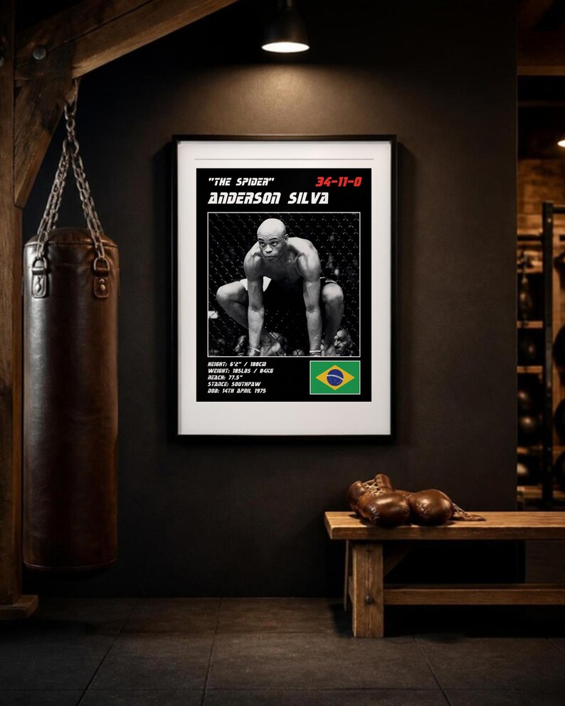 May include: A framed black and white poster of Anderson Silva, nicknamed The Spider, featuring his fight record 34-11-0, physical stats, and the Brazilian flag. The poster displays his height, weight, reach, stance, and date of birth.
