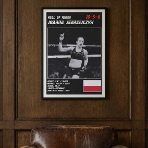 May include: A framed poster featuring a black and white photograph of Joanna Jedrzejczyk with her arm raised. The text includes Hall of Famer, 16-5-0, and her physical stats. A red and white Polish flag is displayed in the lower right corner.