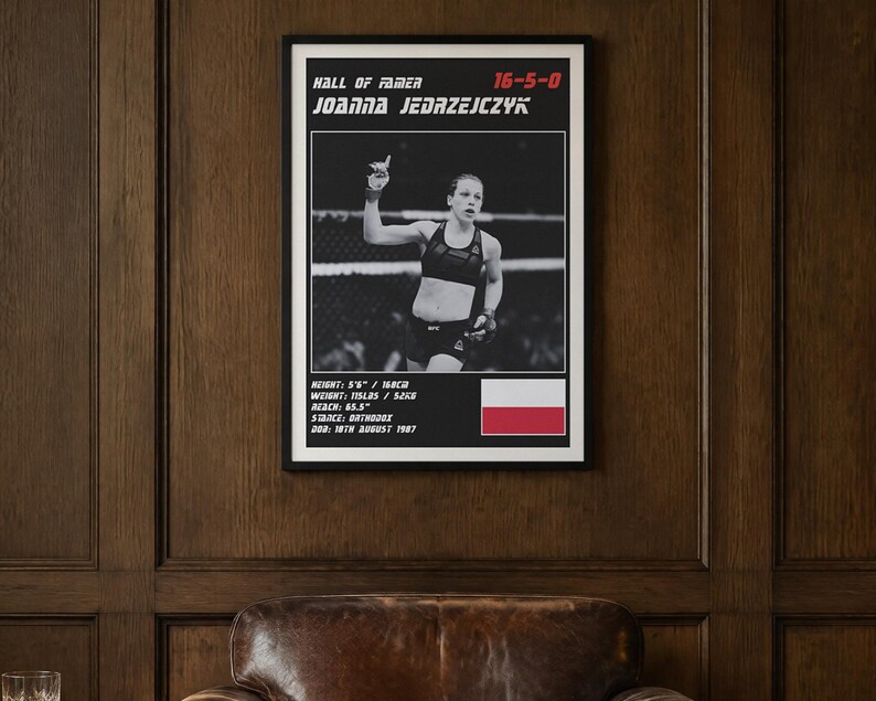 May include: A framed poster featuring a black and white photograph of Joanna Jedrzejczyk with her arm raised. The text includes Hall of Famer, 16-5-0, and her physical stats. A red and white Polish flag is displayed in the lower right corner.