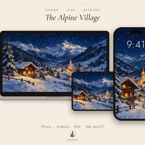 Alpine Village Wallpaper | Oil Painting Winter Phone, iPad and Desktop Background | Alpine Aesthetic | Digital Download image 3