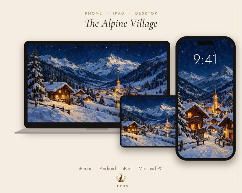Alpine Village Wallpaper | Oil Painting Winter Phone, iPad and Desktop Background | Alpine Aesthetic | Digital Download image 3