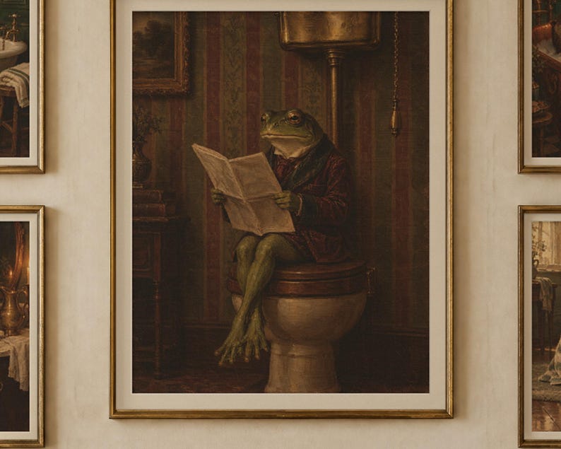 Funny Bathroom Wall Art Set of 6 | Vintage Animal Oil Painting Prints | Powder Room Decor | Bathroom Gallery Wall | Digital Download image 2
