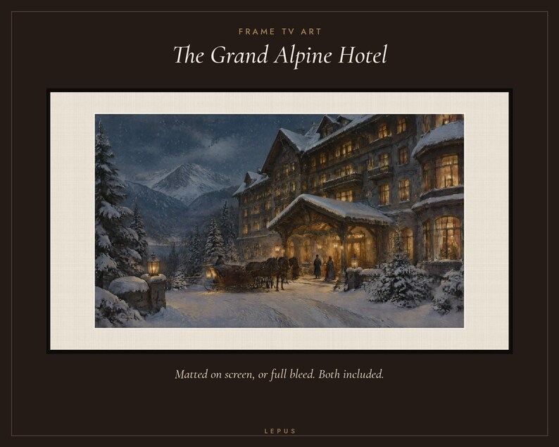 Frame TV Art: Het Grand Alpine Hotel, Vintage winter olieverfschilderij (digitale download) afbeelding 3