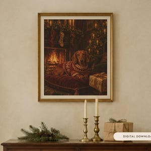 Dachshund Christmas Print, Vintage Oil Painting, Sausage Dog Gift (Digital Download) image 1