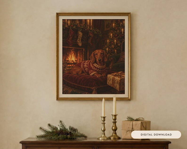 Dachshund Christmas Print, Vintage Oil Painting, Sausage Dog Gift (Digital Download) image 1