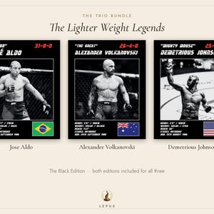 May include: A trio of black and white sports cards titled The Trio Bundle: The Lighter Weight Legends. Each card features a fighter: Jose Aldo, Alexander Volkanovski, and Demetrious Johnson, with their stats, records, and national flags displayed.