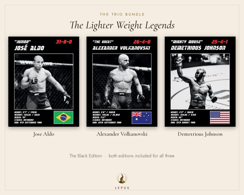 May include: A trio of black and white sports cards titled The Trio Bundle: The Lighter Weight Legends. Each card features a fighter: Jose Aldo, Alexander Volkanovski, and Demetrious Johnson, with their stats, records, and national flags displayed.