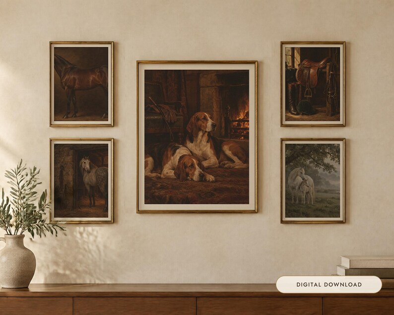 Equestrian Gallery Wall Set of 5 | Antique Horse Oil Painting Prints | Old Money Wall Art | Printable Digital Download image 1