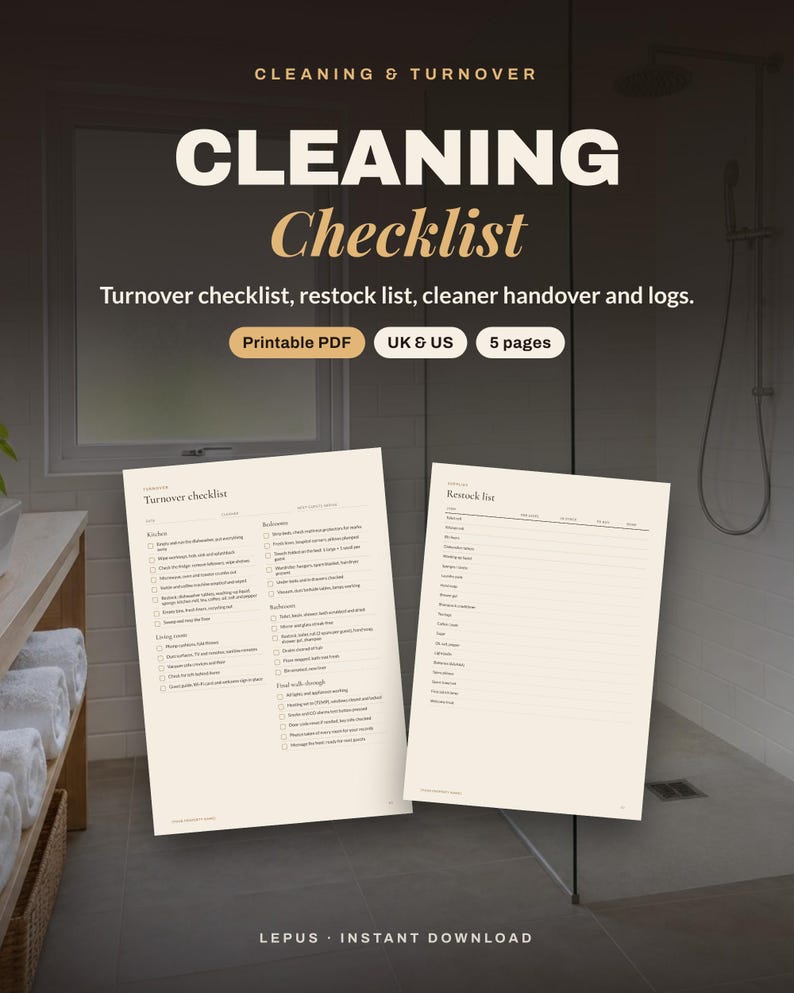 Airbnb Cleaning Checklist Printable | Turnover Checklist, Restock List, Cleaner Handover, Damage Log | Vacation Rental Ops Pack | UK & US image 1