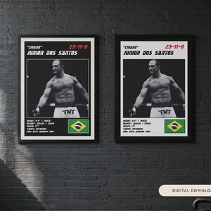 Peut inclure: Deux affiches encadr&eacute;es identiques pr&eacute;sentant une photographie en noir et blanc de Junior Dos Santos. Le texte inclut son surnom Cigano, son palmar&egrave;s 23-11-0, sa taille 193cm, son poids 120kg, son allonge 196cm, sa garde orthodoxe et le drapeau br&eacute;silien.