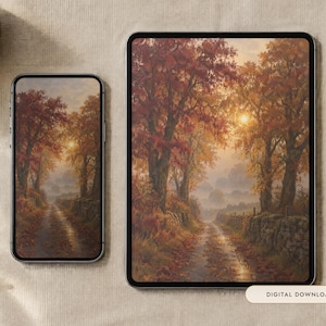 May include: A smartphone and a tablet displaying a digital artwork of an autumn forest path with golden sunlight filtering through trees, fallen leaves on the ground, and a stone wall. A small rectangular label reads Digital Download.